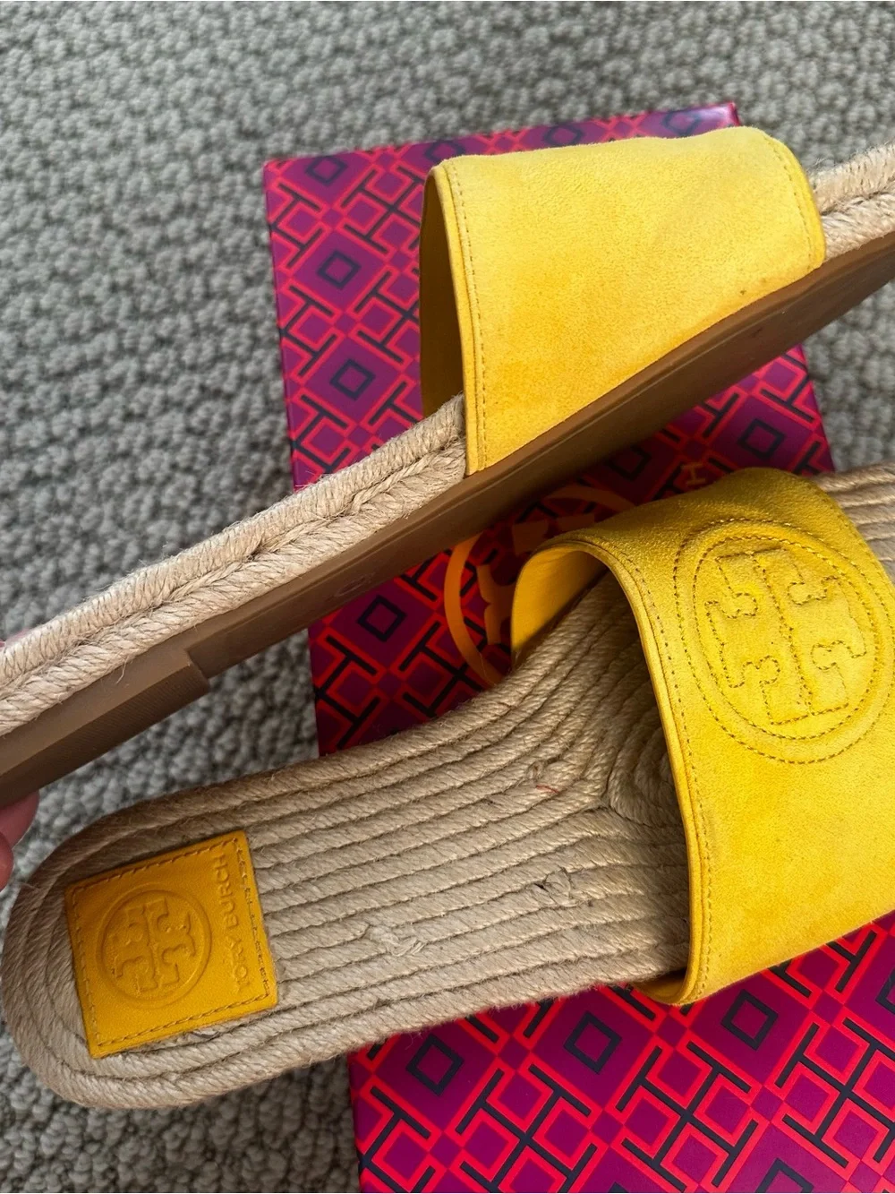 Tory Burch Yellow Suede Benton Espadrille Slide Sandals Size 7.5